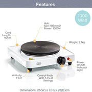 Quest Single Electric Hob 1500W 5 Settings White